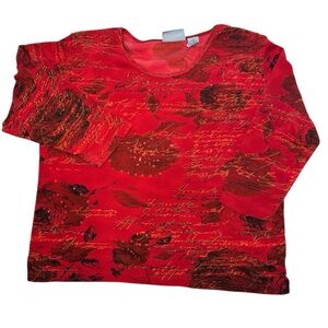 Red Vintage Floral Sequin Whimsigoth Cotton Romantic Women’s XL Long Sleeve Top